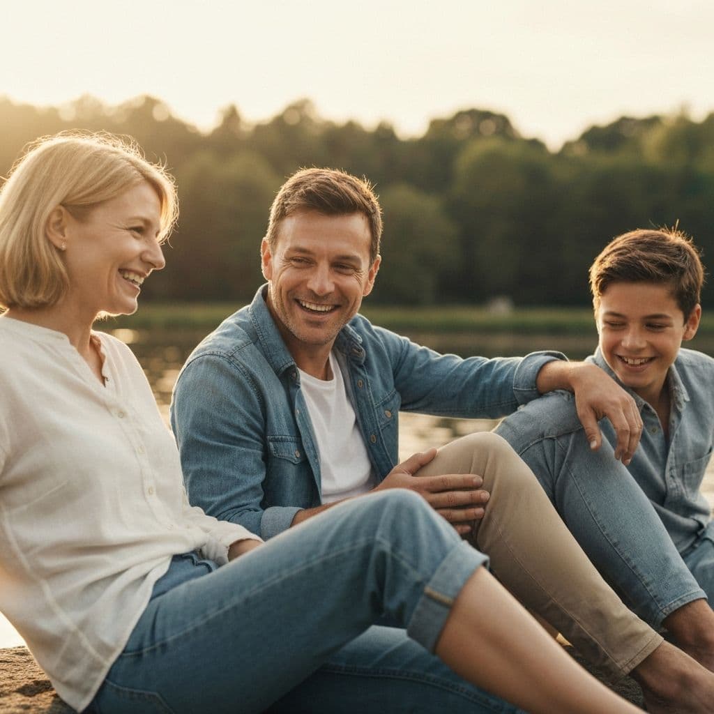 Happy family with multiple mobile devices showing savings